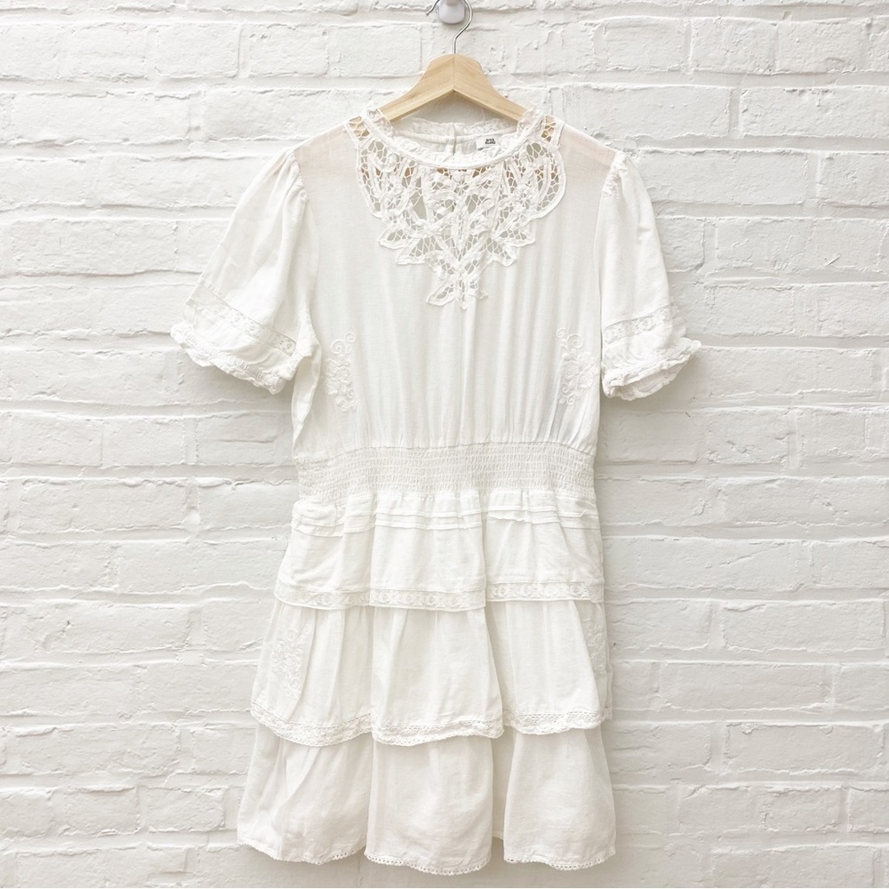 River Island || Tiered Lace Crochet Smocked Mini Dress White UK 14 US 10